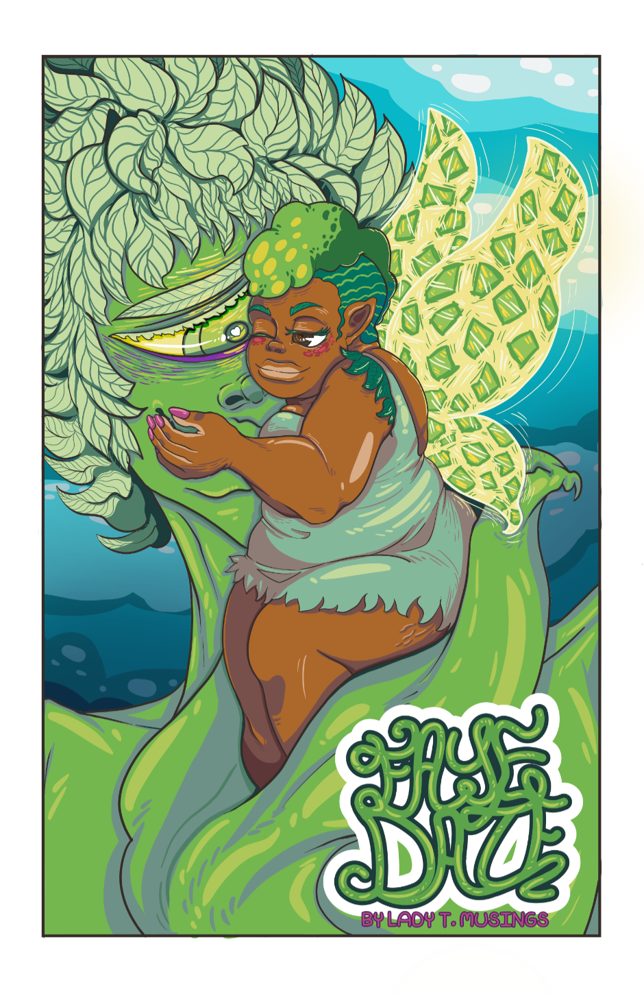 cute picture of a fat black fem pixie hugging the face of a giantgreen cyclops mandrake that holds her tenderly in his giant leaf hand