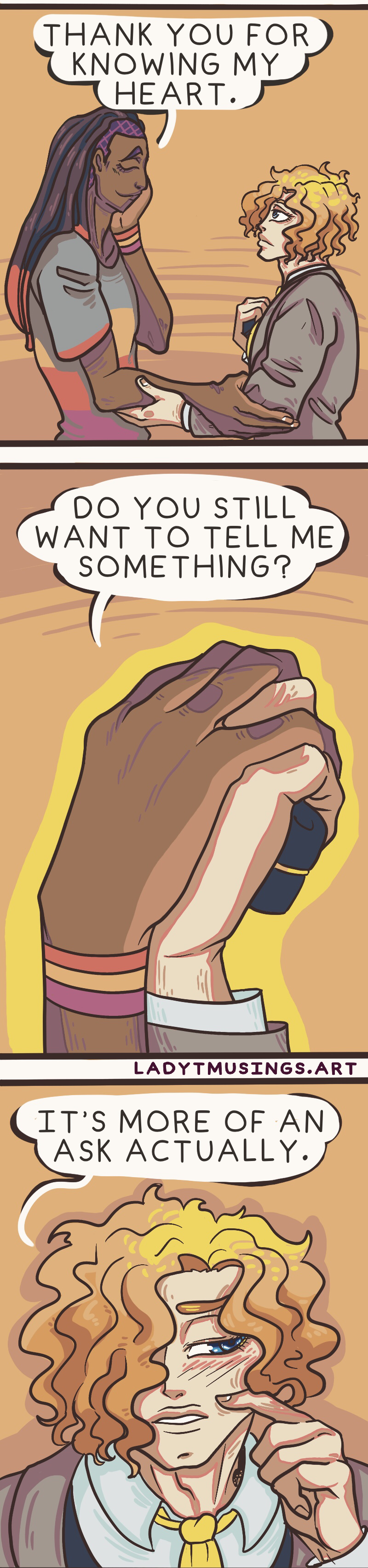 3 panels of jamal and dylan talking 2nd is close up of jamal's hand over dylan's clutching the wedding ring box
