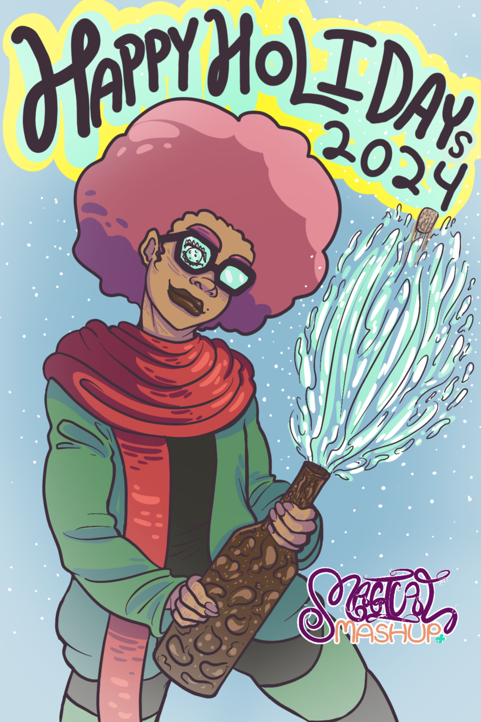 Arafo, an enchantor with large glasses and a giant magenta afro wearing a scarf popping a large bottle of bubbly.